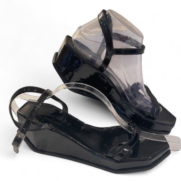 VTG 1990s Robert Clergerie Paris Black Patent Leather Platform Wedge Sandals 9b - Picture 4 of 11